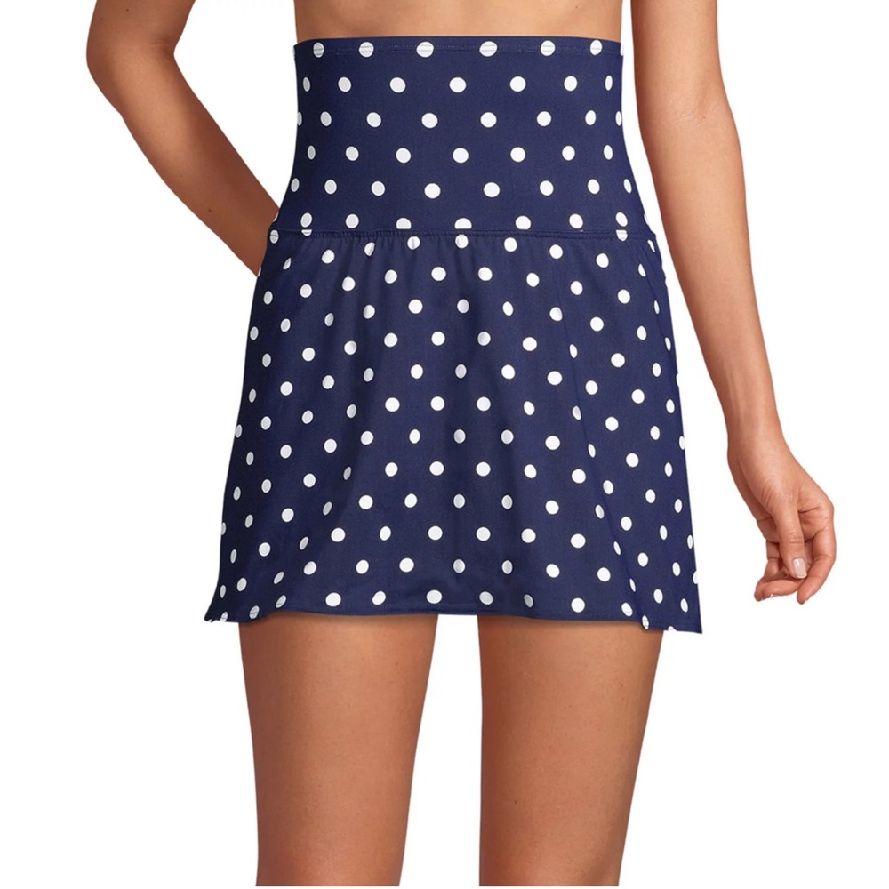 Lands’ End Navy Polka Dot Tummy Control Ultra High Waist Swim Skirt Size 14